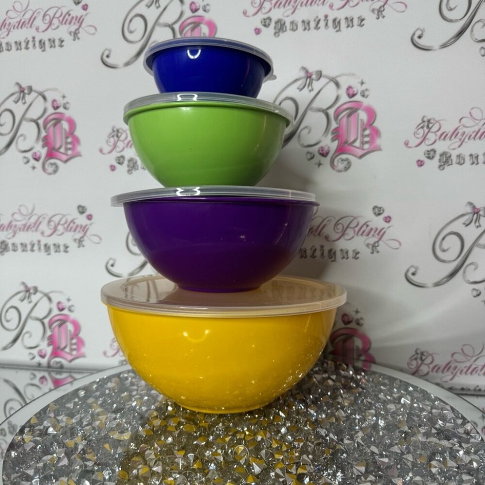 4 bowls colorful Stacking Bowls Set lids and base yellow purple green blue - Picture 2 of 6